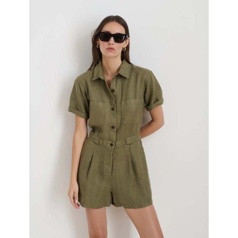 Tuckernuck Alex Mill Cassi Utility Linen Romper Olive Green Button Front Small
